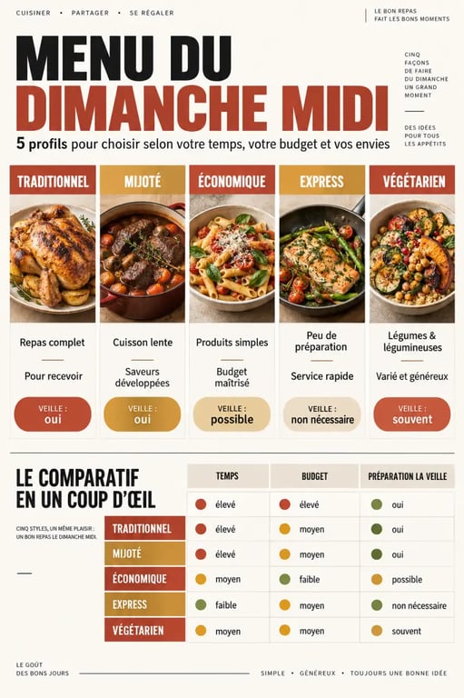 Menu du dimanche midi : cinq idées de repas traditionnel, mijoté, économique, express et végétarien