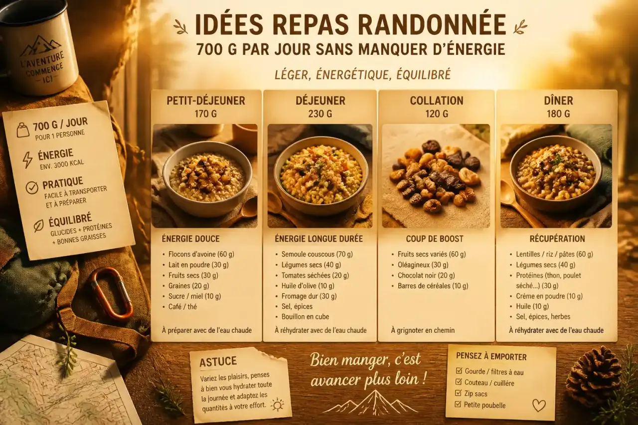 Idées repas randonnée : composer un menu à 700 g par jour sans manquer d'énergie