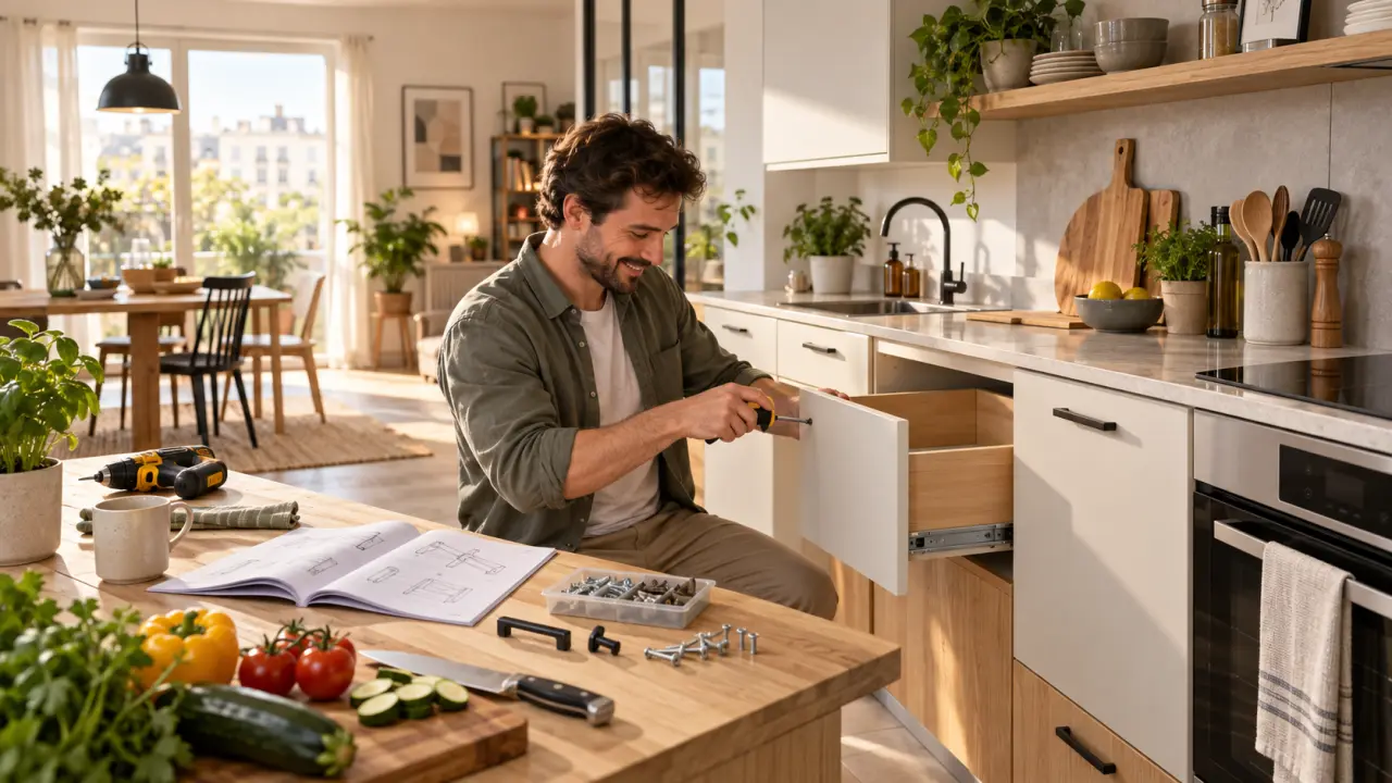 Cuisine sur mesure BricoKitch en bois clair et tons terracotta