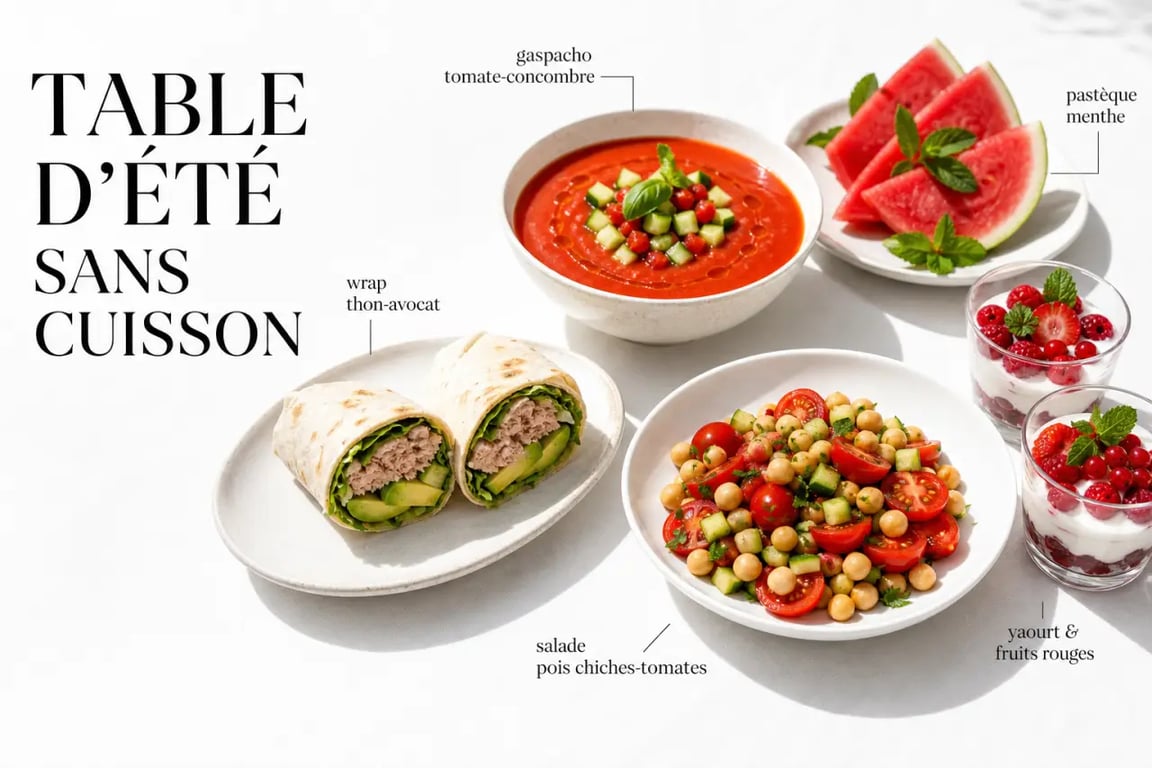 Recette sans cuisson : assortiment frais de wraps, salade, gaspacho et dessert léger sur table d’été