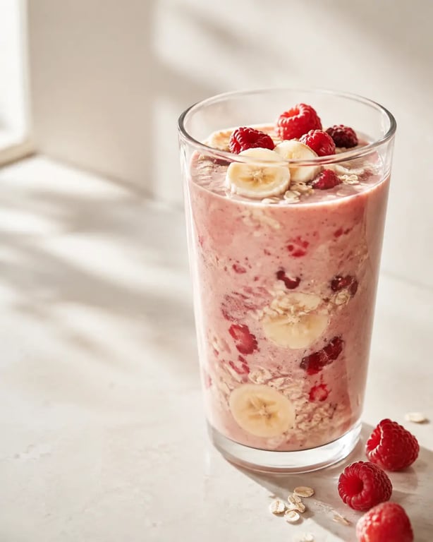Smoothie pour le petit déjeuner aux fruits rouges et à l’avoine dans un grand verre
