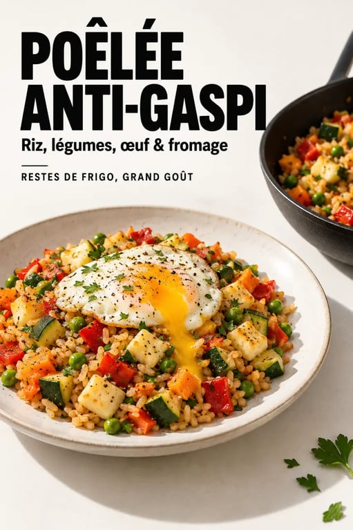 Reste frigo recette anti-gaspi avec poêlée de riz, légumes, œuf et fromage