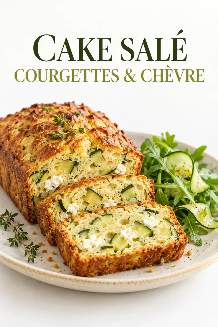 Cake sale vege aux courgettes et au chèvre tranché avec une salade