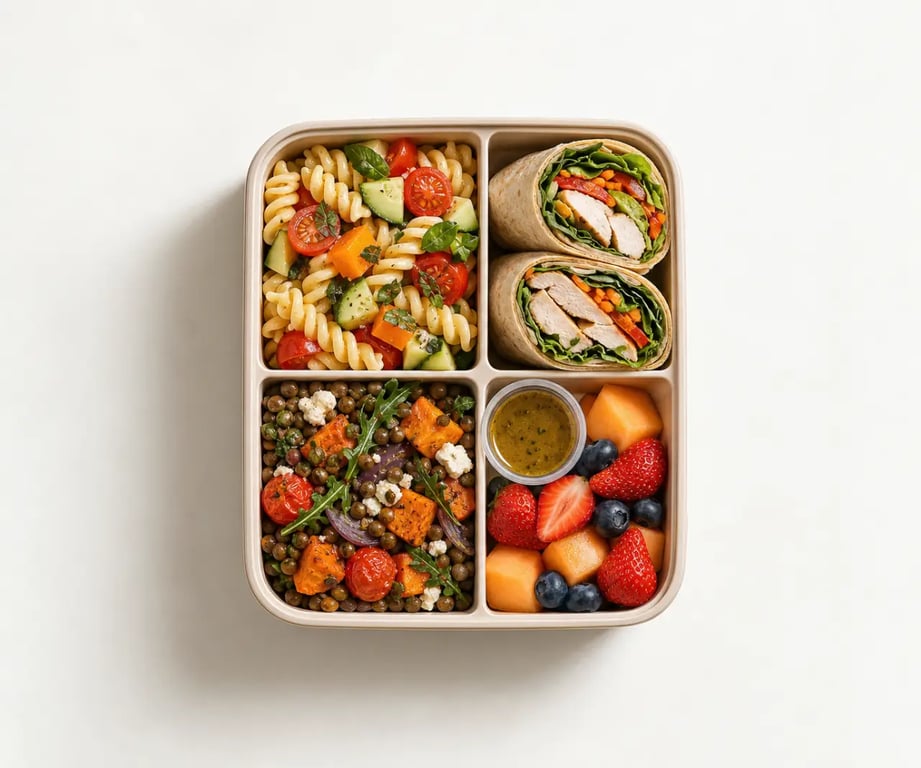Idées repas froids à emporter présentées dans une lunch box avec salade, wrap et bowl