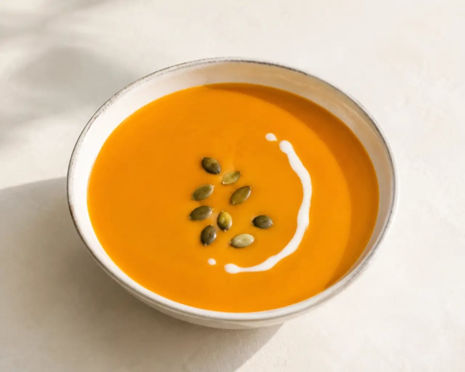 Velouté de potiron onctueux servi dans un bol avec graines de courge et crème