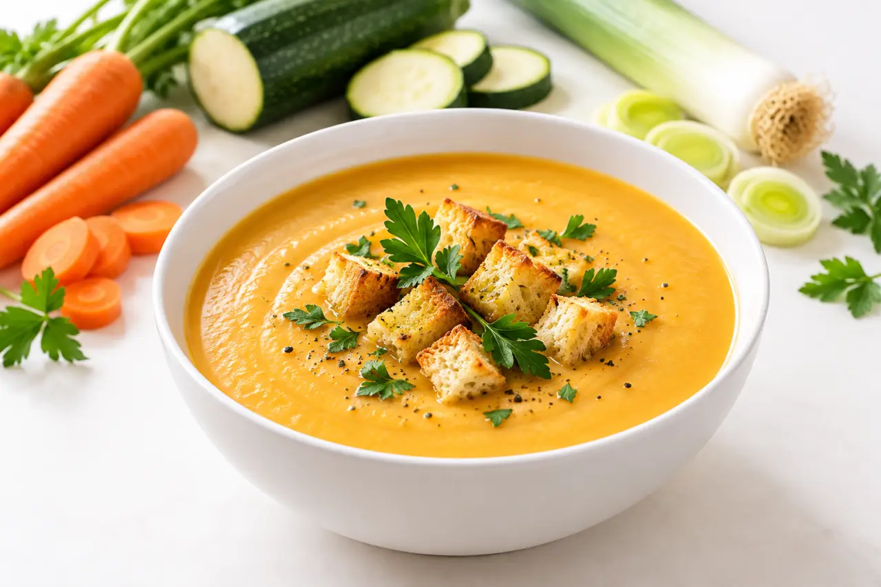 Recette soupe thermomix de légumes douce et onctueuse servie dans un bol