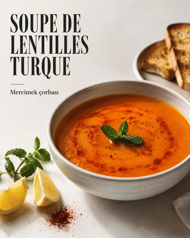 Soupe lentille turque veloutée servie avec citron, menthe et paprika