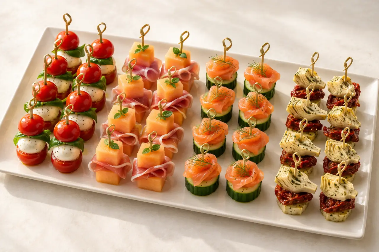Brochettes froides apéritif variées sur un plateau coloré