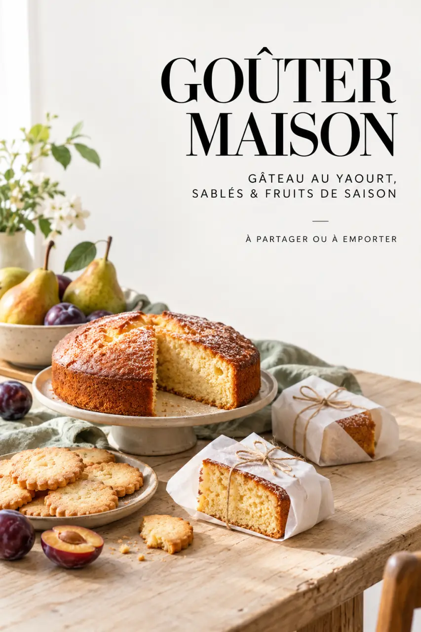 Goûter fait maison pour la semaine avec gâteau au yaourt, sablés et fruits