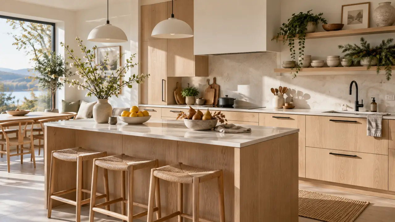 Cuisine chaleureuse en bois clair décorée avec des éléments inspirés des quatre saisons