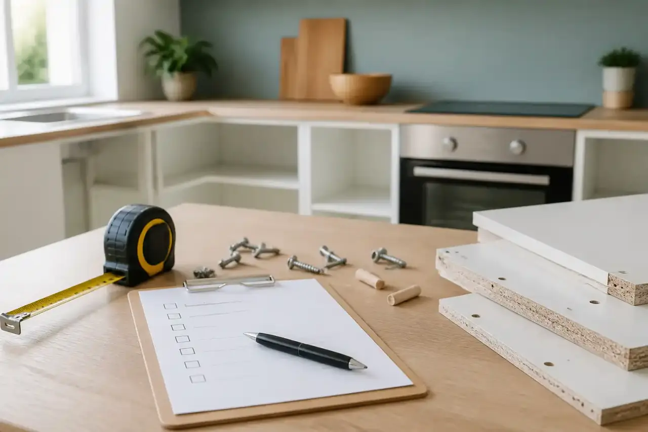 Cuisine en kit en cours de montage avec outils, plan et façades en bois clair