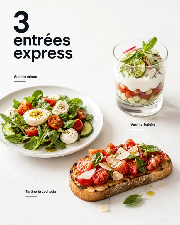 Entrée simple rapide avec salade minute, tartine gourmande et verrine fraîche