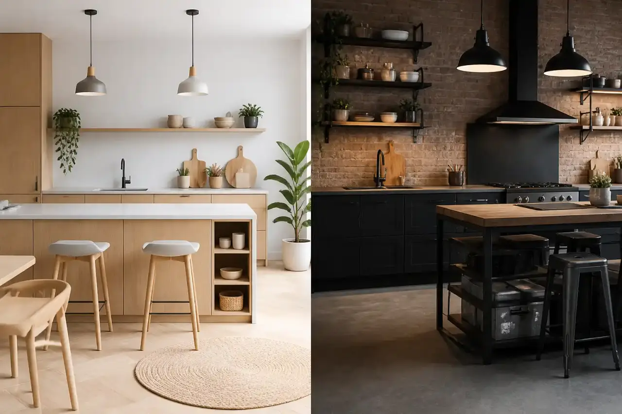 Cuisine en kit au style chaleureux, avec bois clair, touches terracotta et outils de montage élégants