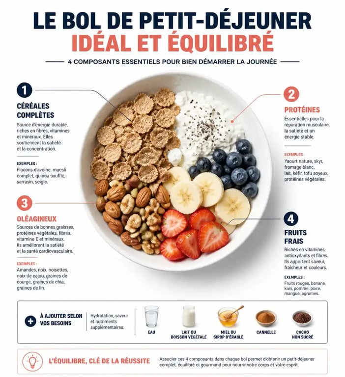 Infographie sur la composition d'un bol de céréales à déjeuner équilibré