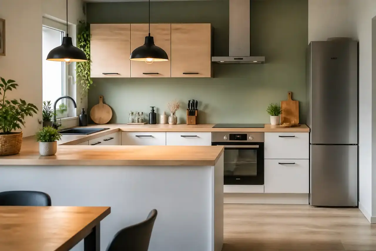 Cuisine moderne et chaleureuse en bois clair avec outils de bricolage élégants
