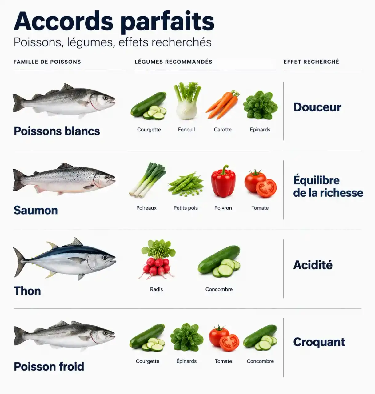 Légumes qui accompagnent le poisson : associations selon poisson blanc, saumon, thon et poisson froid
