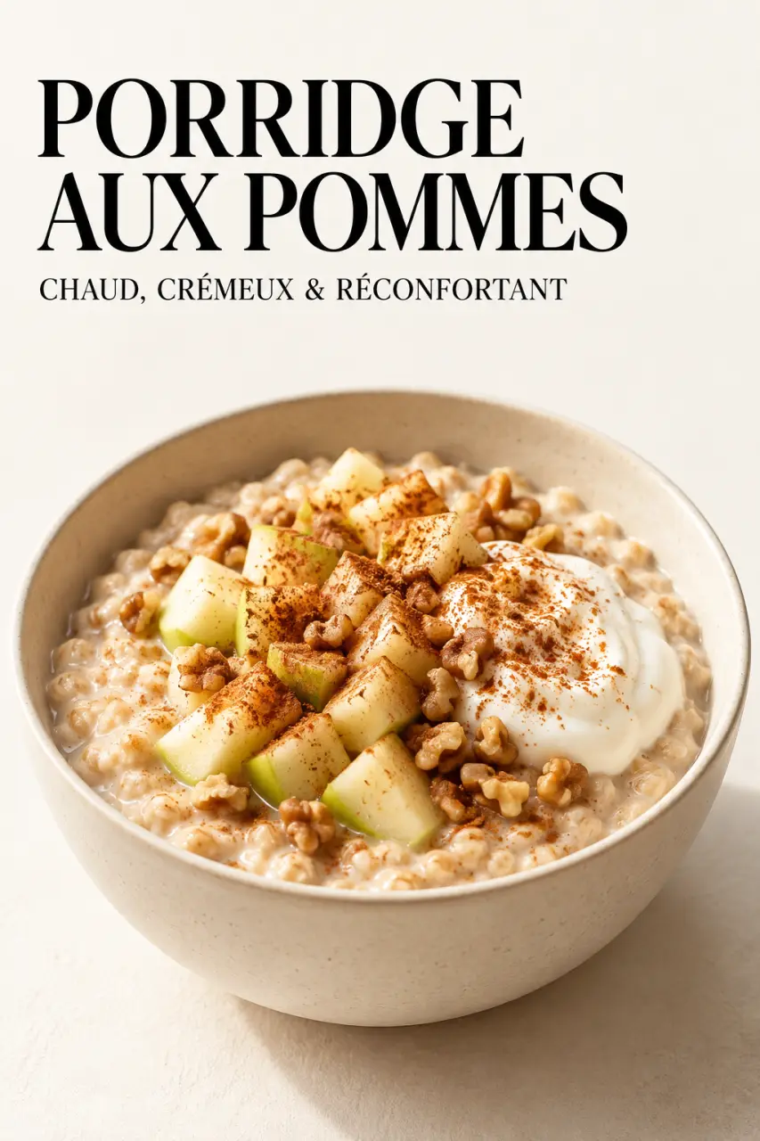Petit dej flocons d'avoine chaud avec pomme, cannelle et noix