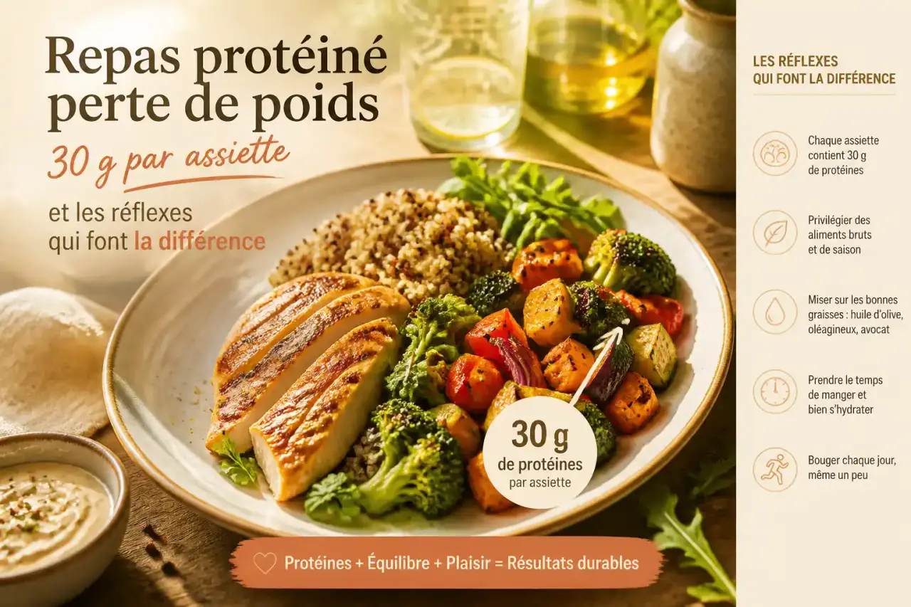 Repas protéiné perte de poids : 30 g par assiette et les réflexes qui font la différence