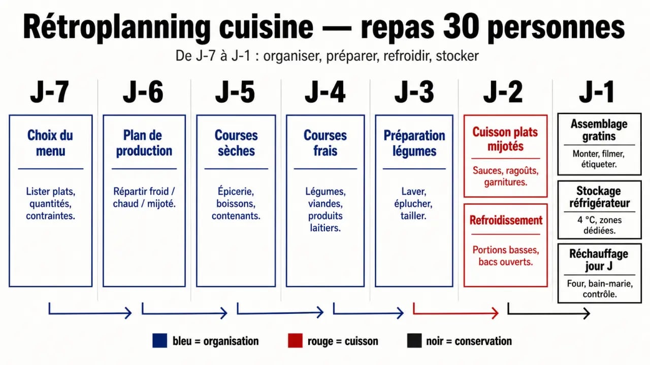 Plat pour 30 personnes à préparer la veille : rétroplanning de J-7 à J-1