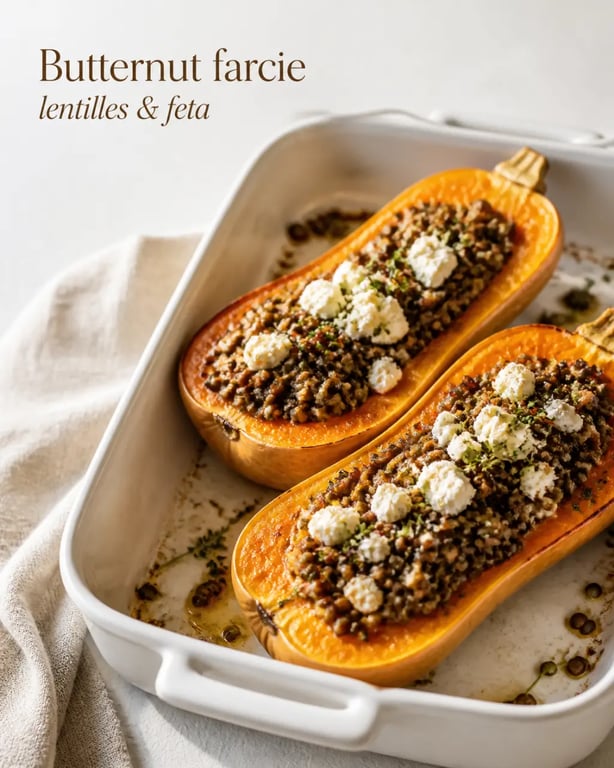 Recette IG bas plat principal : butternut farcie aux lentilles et feta au four