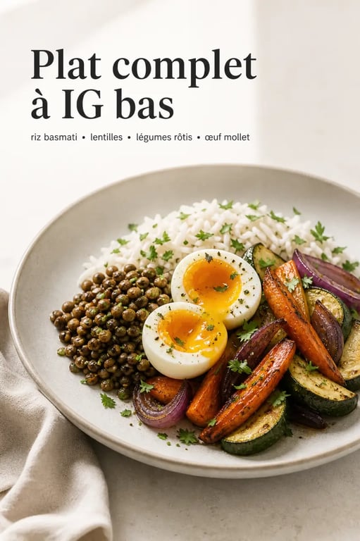Recette IG bas plat principal : assiette équilibrée avec riz basmati, lentilles, légumes rôtis et œuf mollet