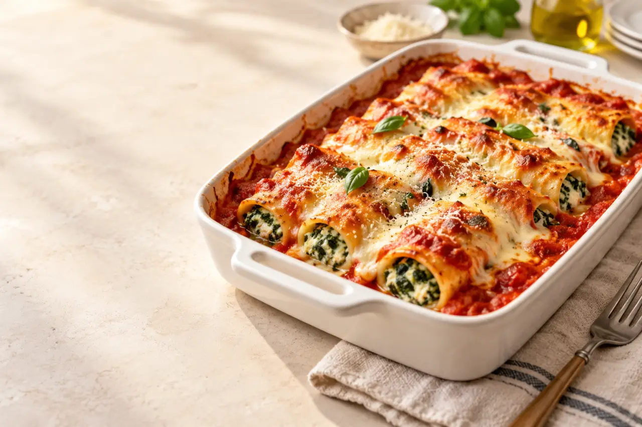 Recette italienne de cannelloni ricotta-épinards gratinés