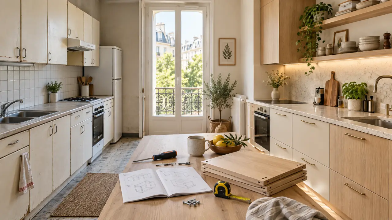 Cuisine sur mesure en bois clair avant et après son montage par ses propriétaires