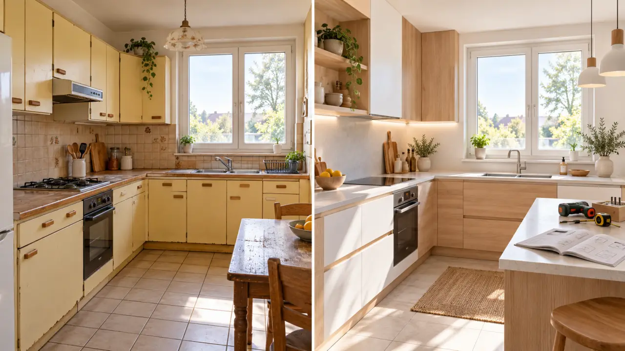 Cuisine rénovée en bois clair et tons terracotta, transformée grâce à un kit sur mesure