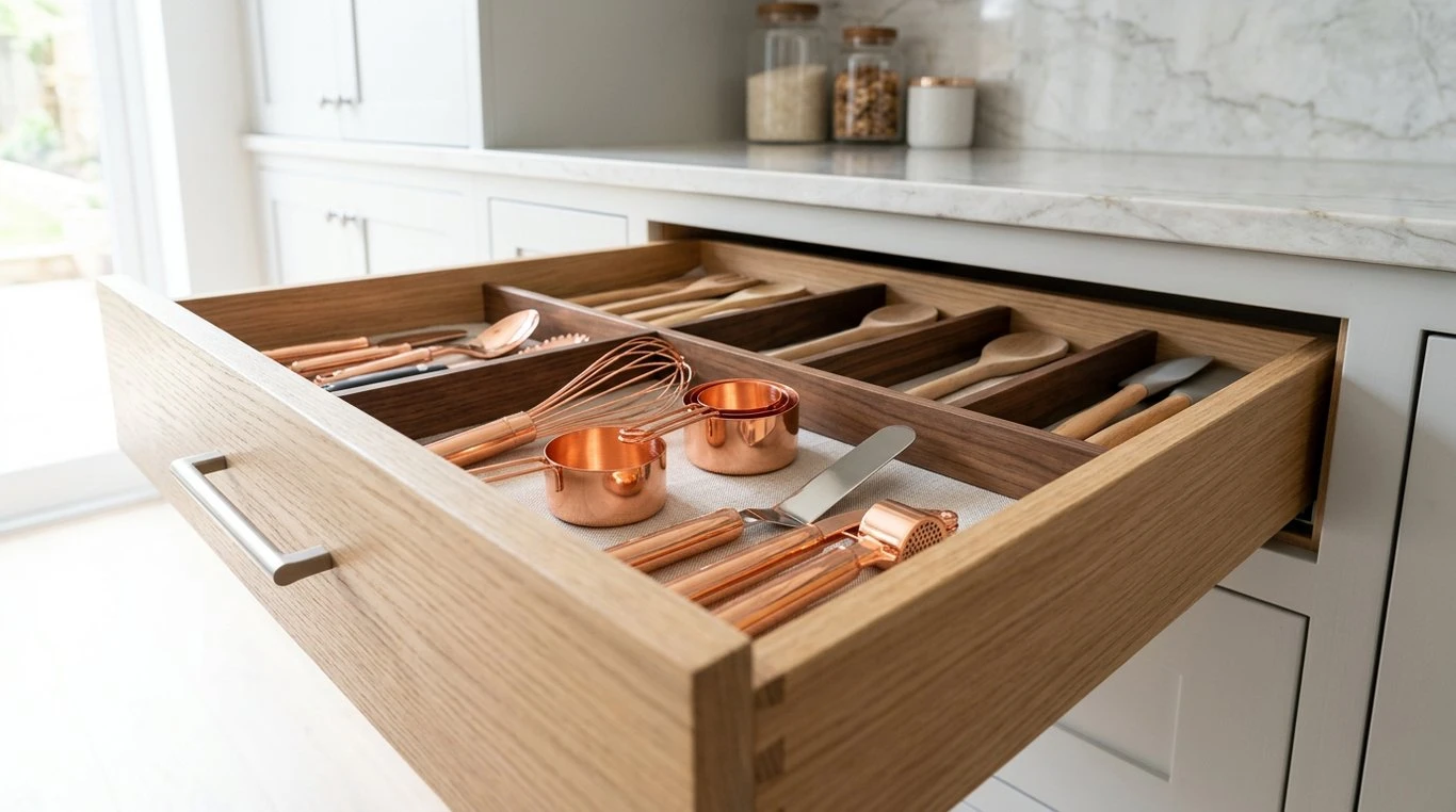 Cuisine lumineuse avec plan de travail en bois et plantes aromatiques