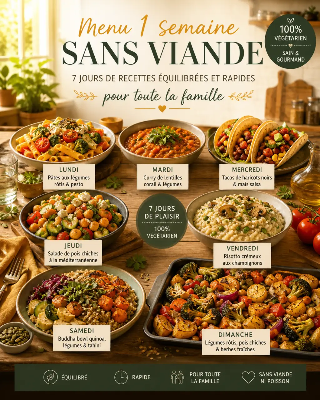 Menu 1 semaine sans viande : 7 jours de recettes équilibrées et rapides pour toute la famille