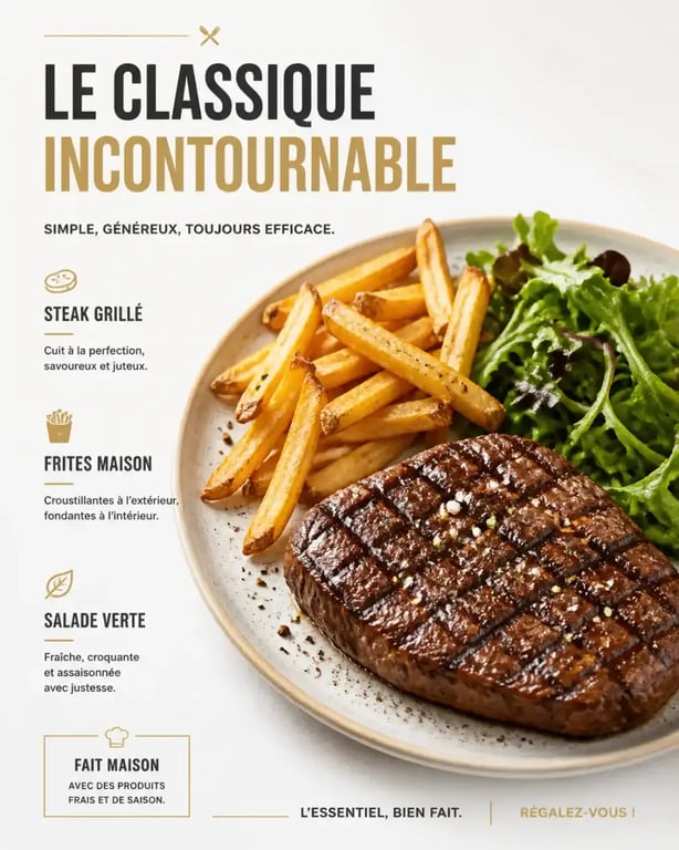 Repas complet avec des frites maison, un steak grillé et une salade verte pour un repas équilibré