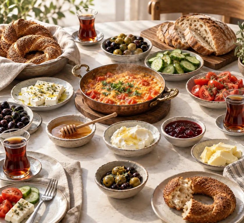 Table conviviale de petit déjeuner turc kahvaltı avec fromages, olives, simit, œufs et thé