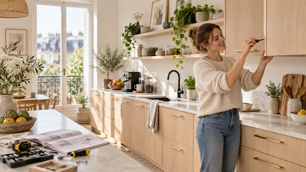 Cuisine BricoKitch en bois clair avec détails terracotta et plan de travail aménagé