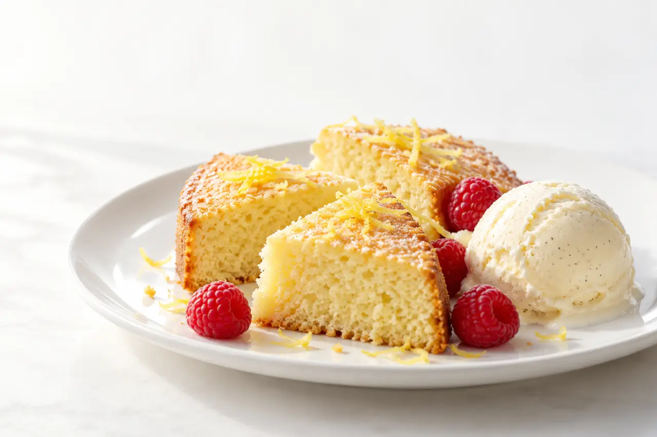 Gâteau léger pour accompagner glace, servi avec une boule de glace à la vanille et des framboises