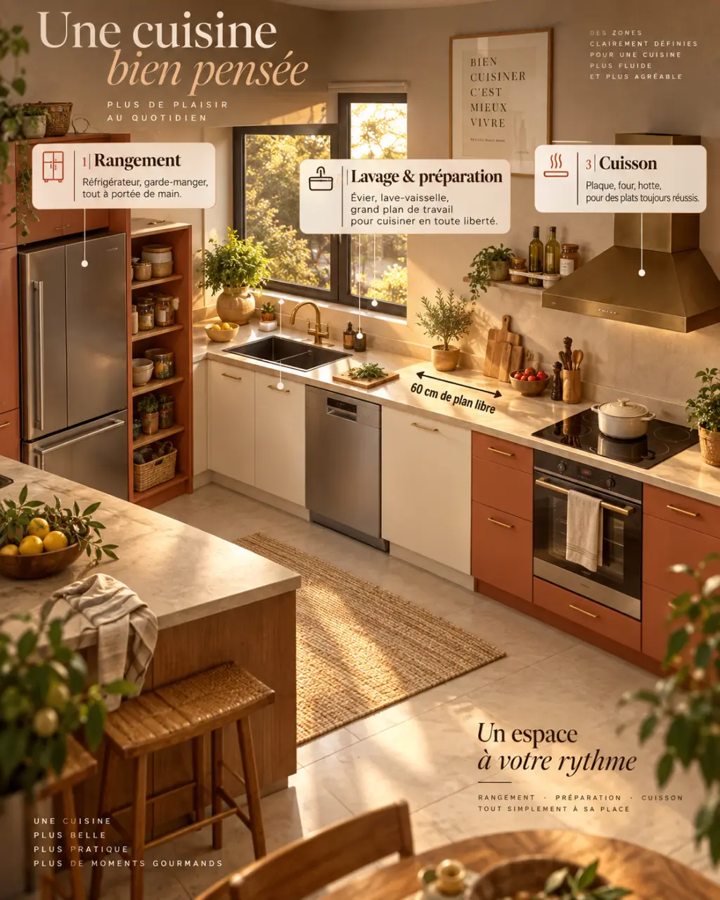 Une cuisine pratique et fonctionnelle repose sur 3 zones et 60 cm de plan libre