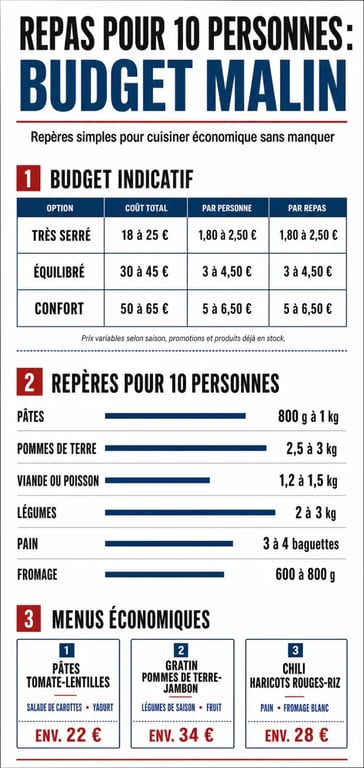 Repas pour 10 personnes pas cher : budget, quantités et menus en tableau