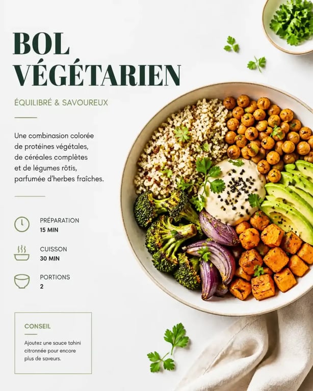 Menu 1 semaine sans viande : bol végétarien équilibré avec pois chiches et légumes