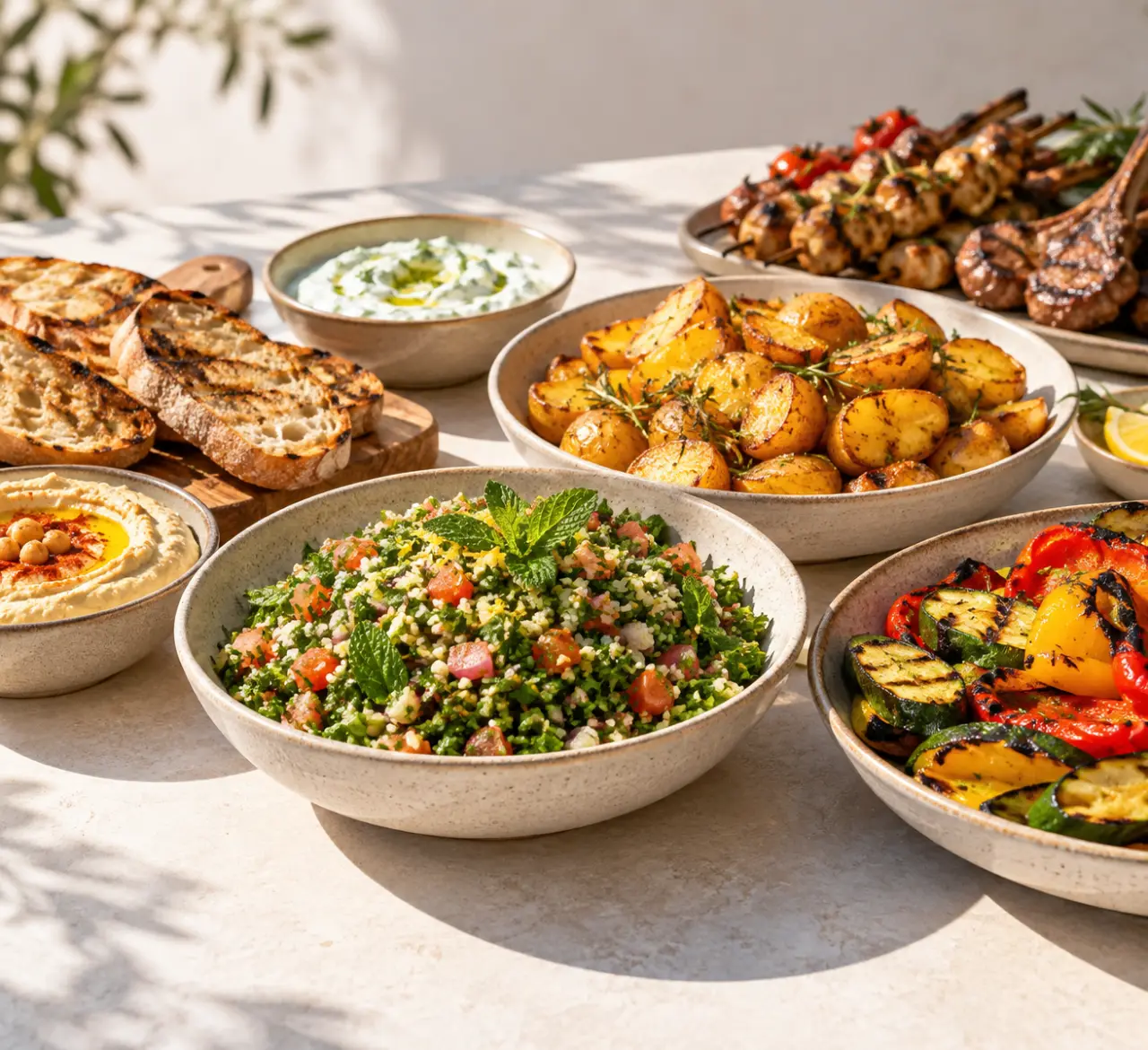 Idée accompagnement barbecue avec taboulé, légumes grillés, pommes de terre et sauces