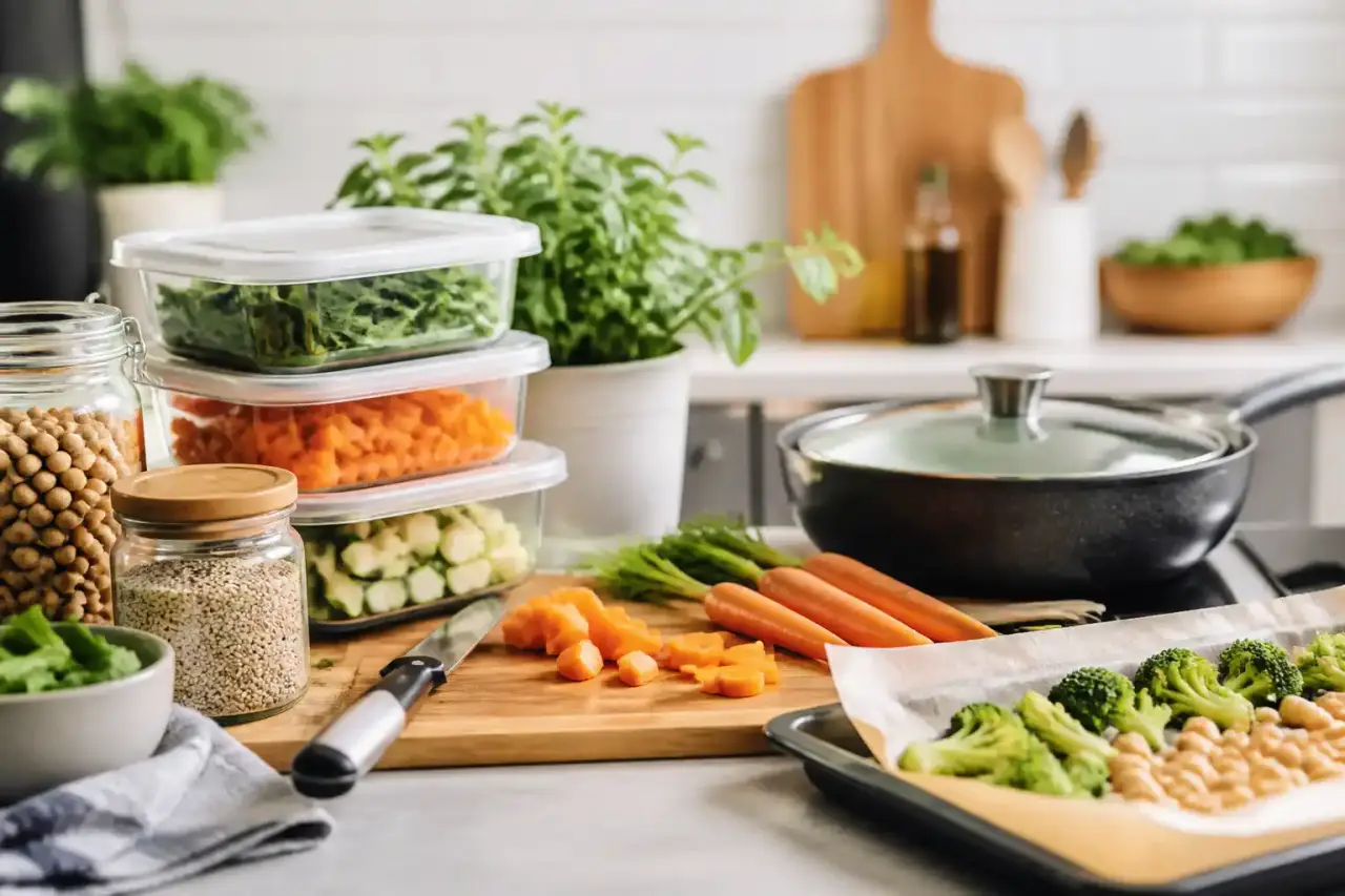 Plan de travail en bois clair et outils d'assemblage de cuisine