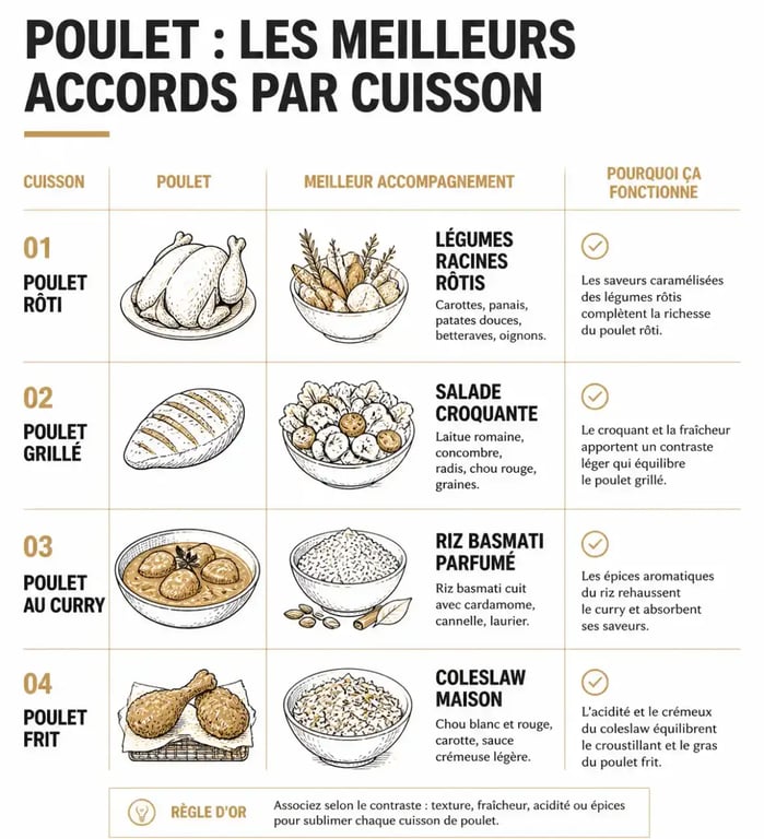 Accompagnement avec du poulet : accords visuels selon le mode de cuisson
