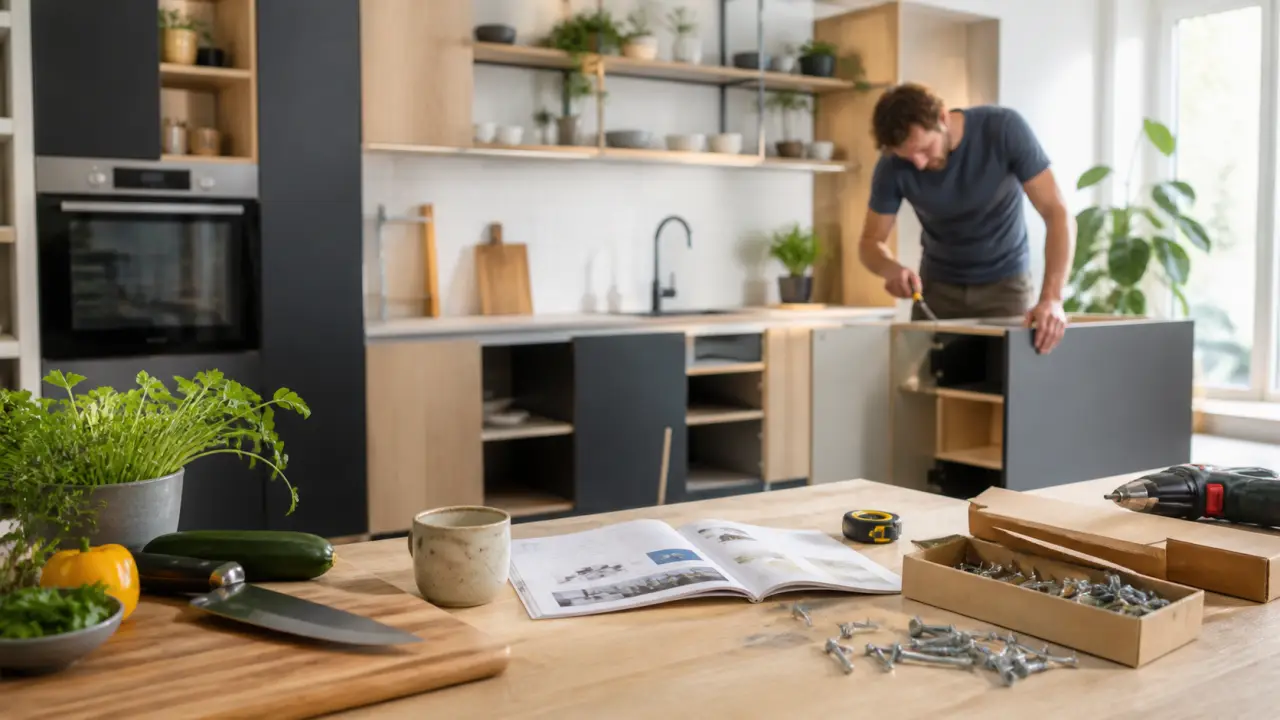 Cuisine moderne en bois clair et tons terracotta, avec outils de bricolage et ustensiles de cuisine