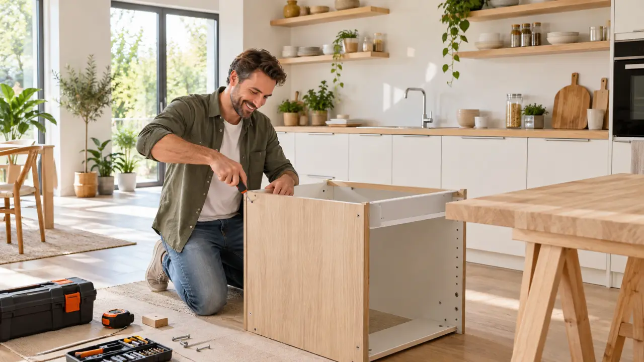Cuisine chaleureuse en bois clair en cours de montage par des particuliers