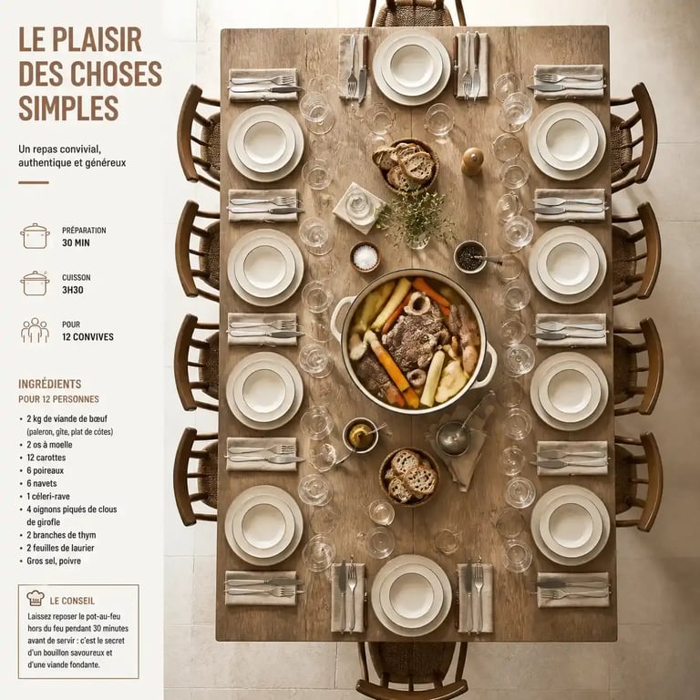 Table dressée pour un repas pour 12 personnes avec plat mijoté central