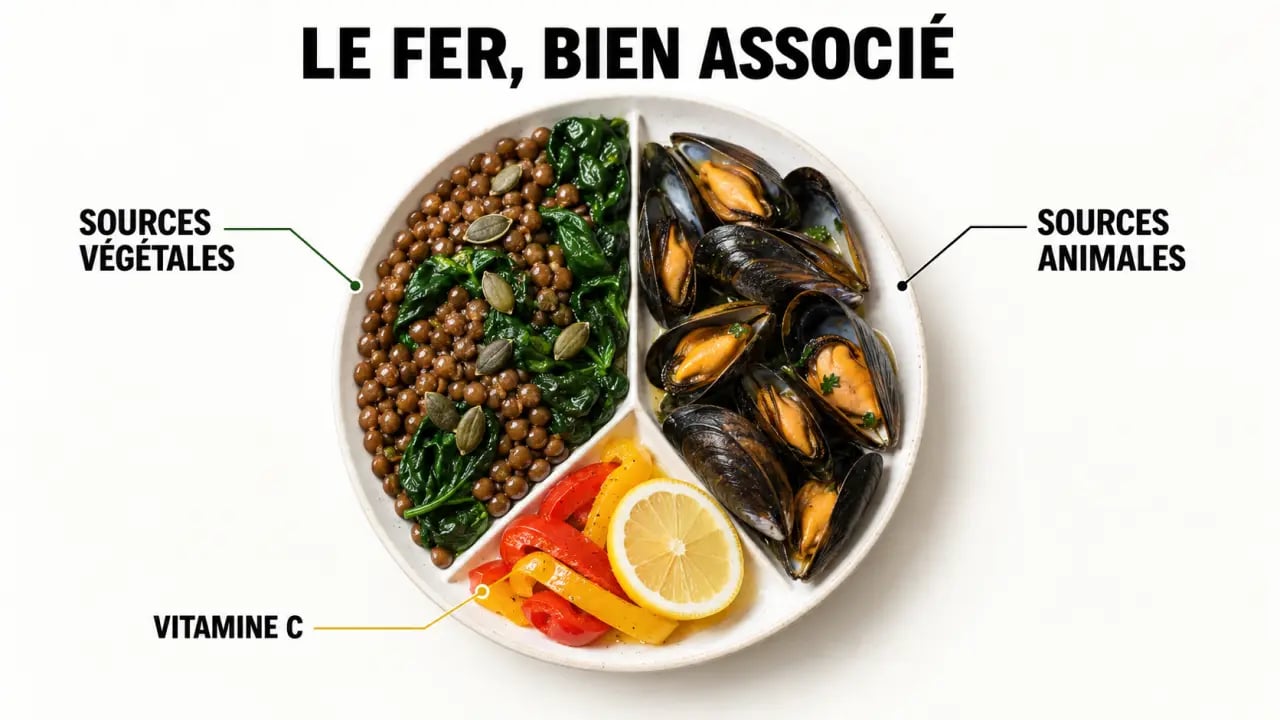 Repas riche en fer associant lentilles, moules, épinards, graines et vitamine C