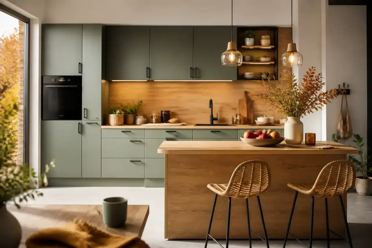 Cuisine moderne et chaleureuse en bois clair et tons terracotta