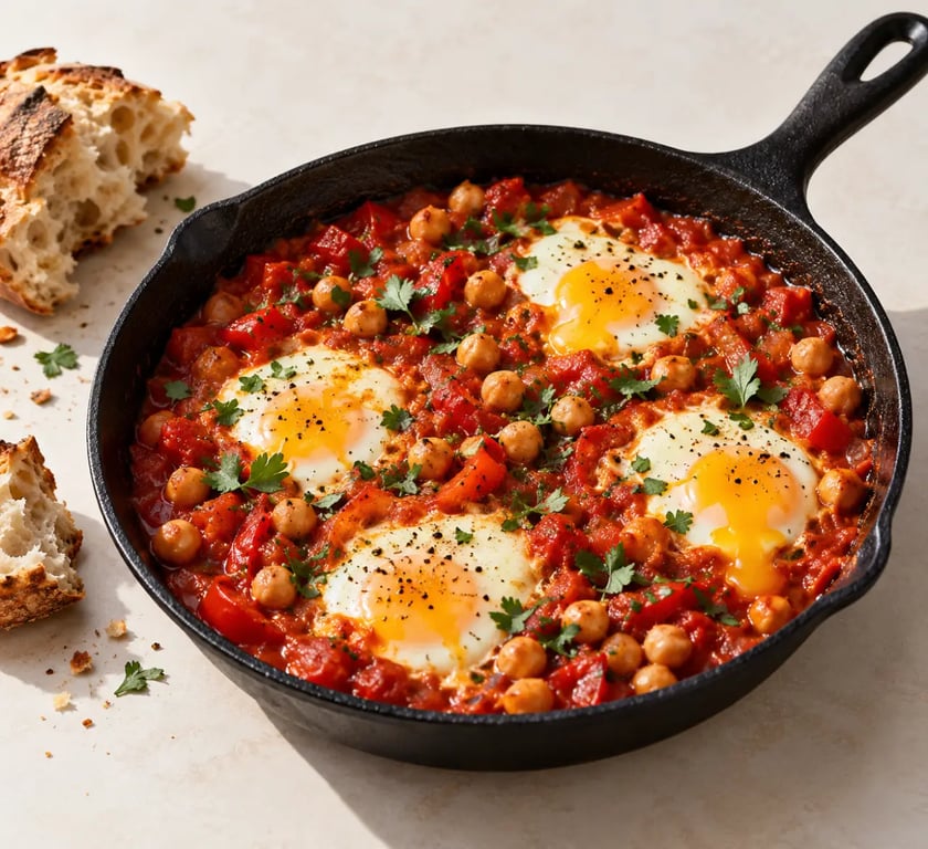 Recette à la poêle de chakchouka aux pois chiches et œufs coulants