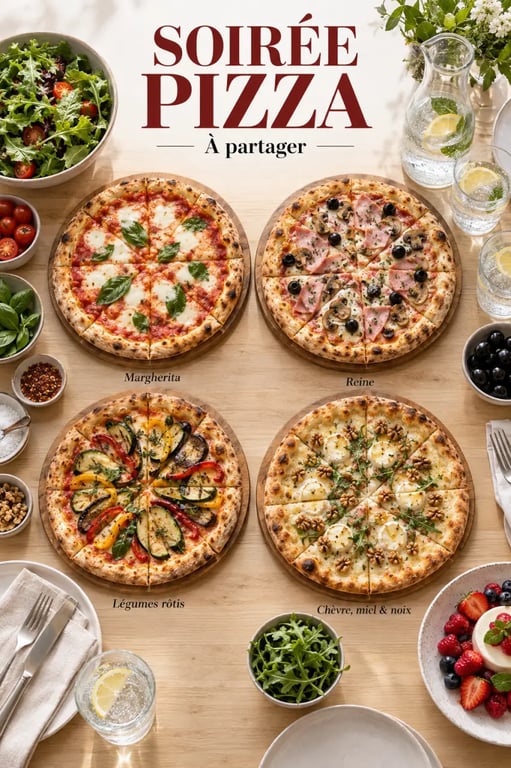 Menu de soirée pizza avec quatre pizzas variées à partager